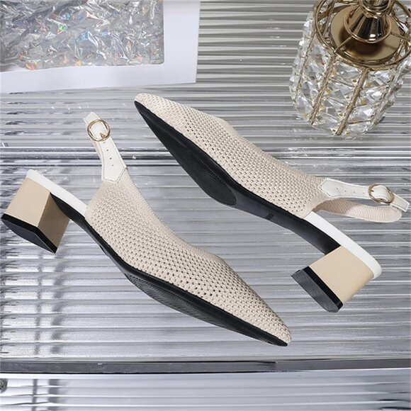 Women's Beige Slingback Block Heel Pumps Ladies Closed Pointed Toe Weave Sandals - Picture 5 of 6